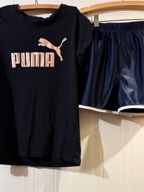 Puma Kids Black Top and Navy Shorts Set with Rose Gold Logo